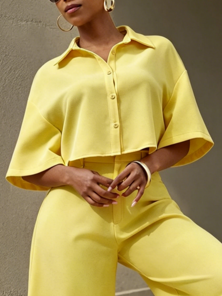 Casual Plain Buttoned Shirt, Blouses and Shirts, color:Yellow|size:XXL, Stylewe