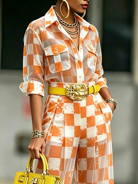 Urban Plaid Printing Shirt Collar Shirt, Blouses and Shirts, color:Orange|size:XXL, Stylewe