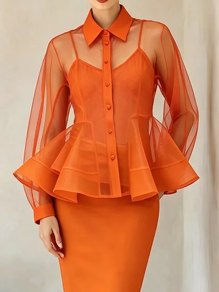 Elegant Plain Shirt Collar Shirt, Blouses and Shirts, color:Orange|size:XXL, Stylewe