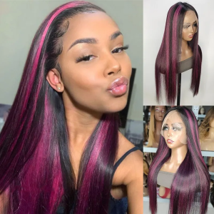 Nadula Whatsapp Flash Deal Black Lace Front Straight Wig With Purple-Pink Highlights, Catalog Online Nadula 2173