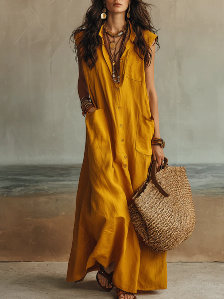 Cotton And Linen Casual Plain Split Joint Buttoned Pockets Maxi Dress, Maxi Dresses, color:Yellow|size:XXL, Stylewe