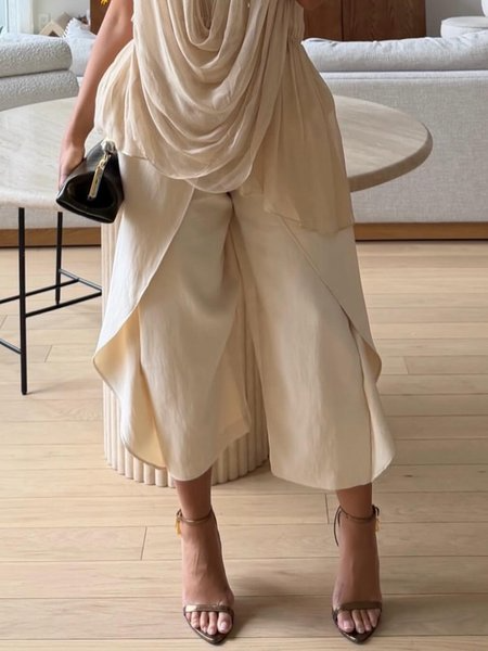 Cotton Casual Plain Folds Straight Pants, Pants, color:Apricot|size:XXL, Stylewe