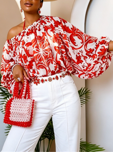 Elegant Ethnic Printing Cold Shoulder Blouse, Blouses and Shirts, color:Red|size:XXL, Stylewe