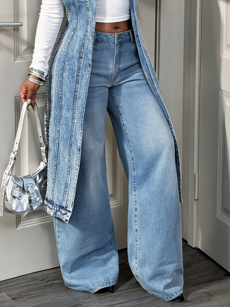 Casual Distressing Plain Jeans, Jeans, color:Denim Blue|size:XXL, Stylewe