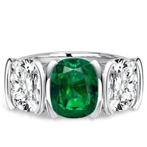 classic engagement rings - Italo Half Bezel Emerald Sapphire Cushion Cut Three Stone Engagement Ring For Women, Italo jewelry - Online Catalog