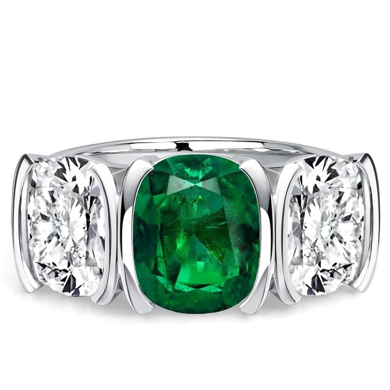 classic engagement rings - Italo Half Bezel Emerald Sapphire Cushion Cut Three Stone Engagement Ring For Women, Italo jewelry - Online Catalog