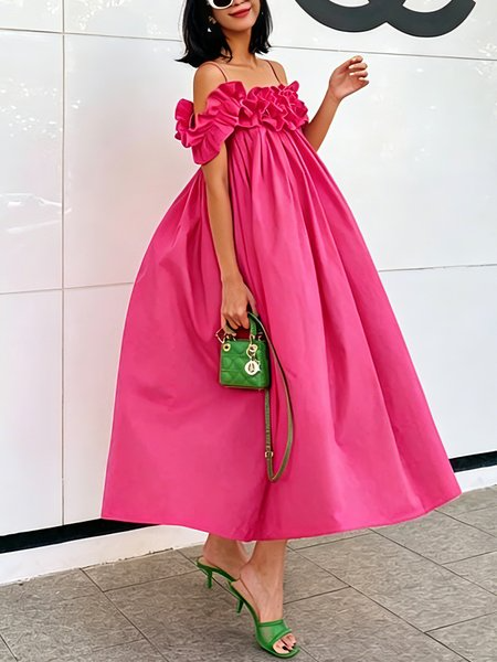 Urban Plain Peplum Spaghetti Midi Dress, Midi Dresses, color:Pink|size:XXL, Stylewe