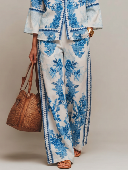 Casual Floral Printing Straight Pants, Pants, color:Blue|size:XXL, Stylewe