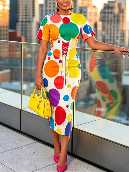 Plus Size Elegant Polka Dots Printing Crew Neck Midi Dress, Plus Dresses, color:As Picture|size:4X, Stylewe