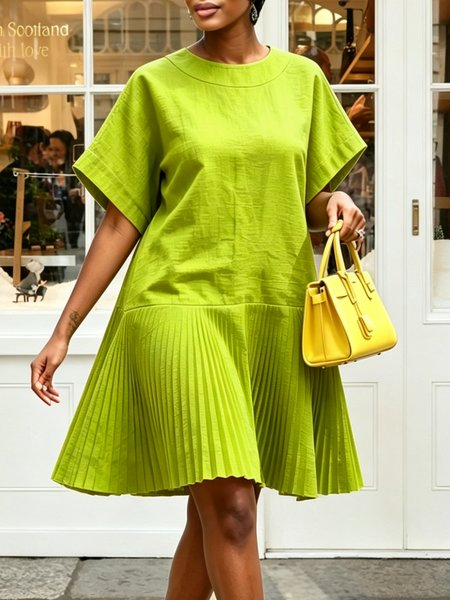 Cotton And Linen Casual Plain Pleated Crew Neck Knee Length Dress, Mini Dresses, color:Green|size:XXL, Stylewe