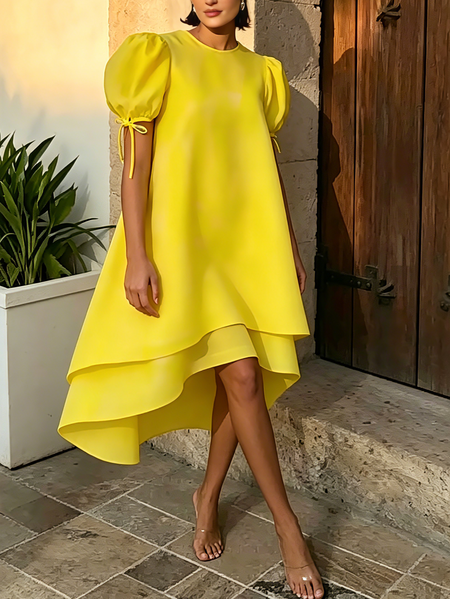 Elegant Plain Puff Sleeve Midi Dress, Midi Dresses, color:Yellow|size:XXL, Stylewe