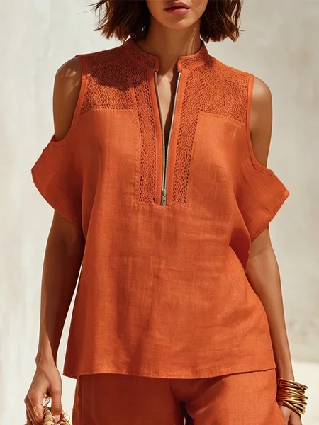 Cotton Casual Plain Zipper Mock Neck Blouse, Blouses and Shirts, color:Orange|size:XXL, Stylewe