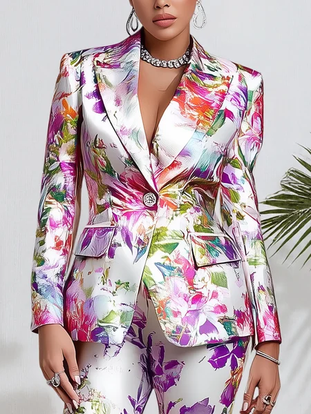 Urban Printing Floral Lapel Collar Blazer, Blazers, color:Pink|size:XXL, Stylewe