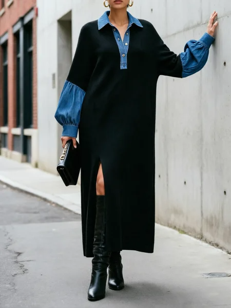 Casual Color Block Shirt Collar Maxi Dress, Maxi Dresses, color:Black|size:XXL, Stylewe