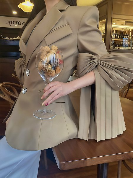 Elegant Bell Sleeve Bow Plain Lapel Collar Blazer, Blazers, color:Khaki|size:XXL, Stylewe