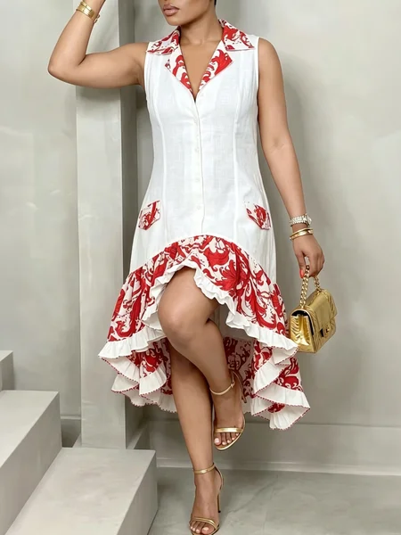 Casual Random Print Peplum Lapel Collar Midi Dress, Midi Dresses, color:As Picture|size:XXL, Stylewe