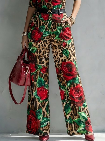 Elegant Leopard Floral Printing Wide Leg Pants, Pants, color:As Picture|size:XXL, Stylewe