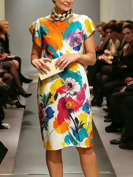 Elegant Floral Printing Knee Length Dress, Midi Dresses, color:Multicolor|size:XXL, Stylewe