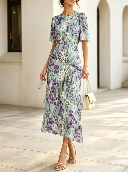 Regular Fit Elegant Floral Dress With No, Midi Dresses, color:Blue|size:XL, Stylewe