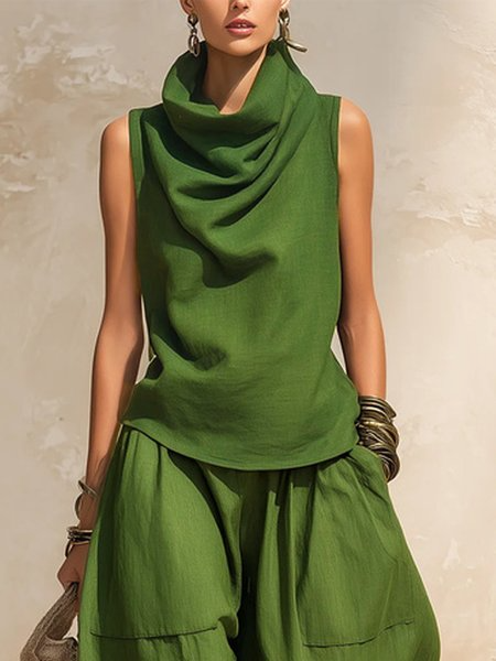 Cotton And Linen Casual Plain Cowl Neck Tank Top, Tanks and Camis, color:Green|size:XXL, Stylewe
