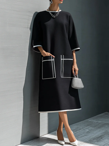 Casual Color Block Crew Neck Midi Dress, Midi Dresses, color:Black|size:XXL, Stylewe
