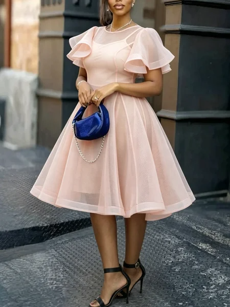 Elegant Plain Crew Neck Midi Dress, Midi Dresses, color:Pink|size:XXL, Stylewe