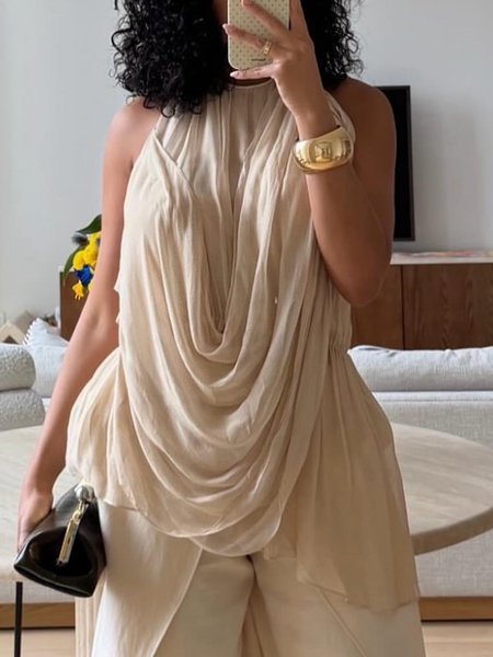 Casual Plain Ruched Crew Neck Blouse, Blouses and Shirts, color:Apricot|size:XXL, Stylewe