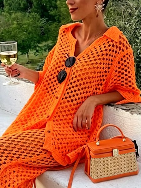 Vacation Plain Eyelet Shawl Collar Knit Top, Cardigans, color:Orange|size:XXL, Stylewe