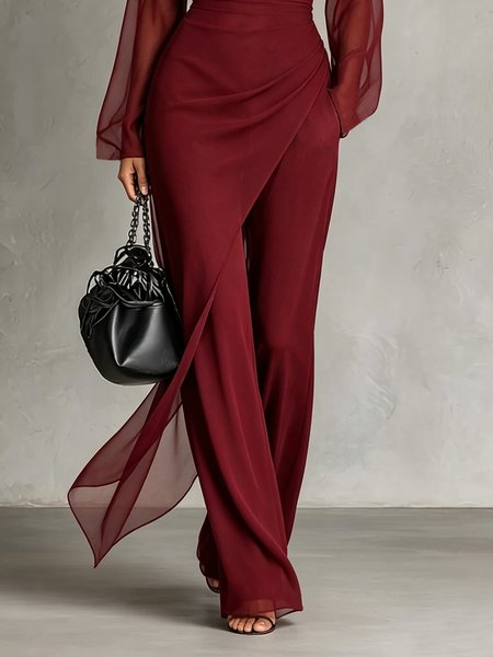 Elegant Plain Flare Pants, Pants, color:Wine Red|size:XXL, Stylewe