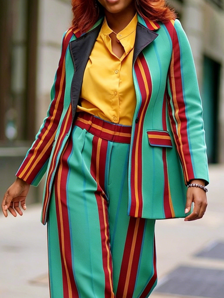 Urban Striped Lapel Collar Blazer, Blazers, color:As Picture|size:XXL, Stylewe