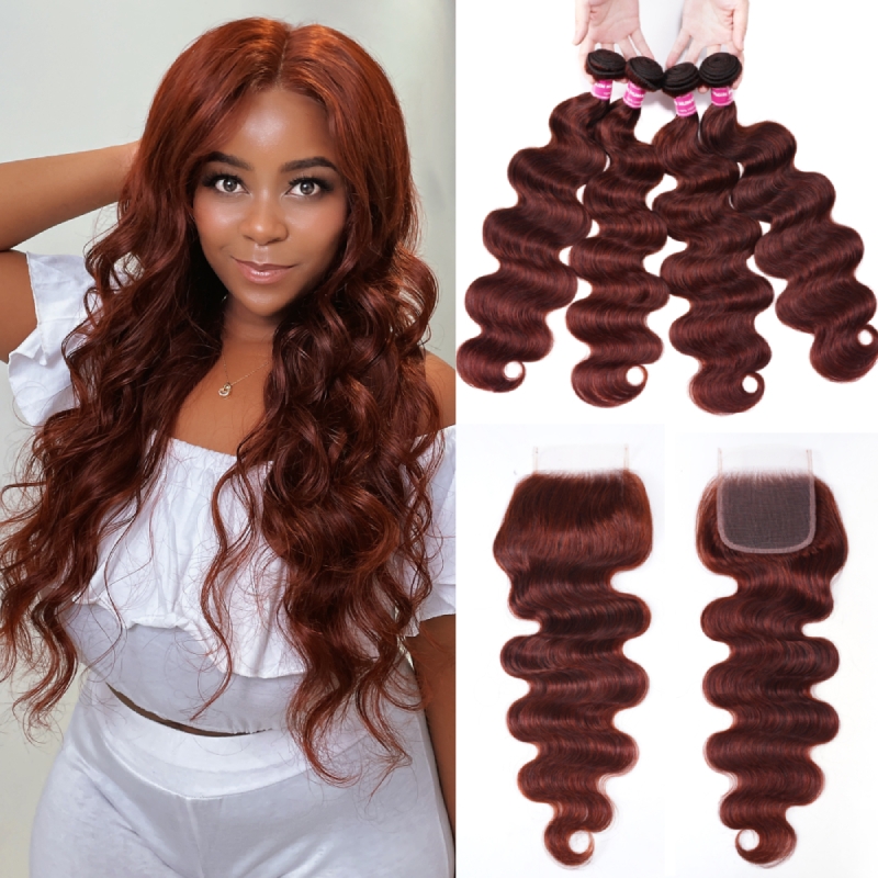 Nadula Reddish Brown Body Wave 4 Bundles with Closure 33B Auburn Human Hair Bundles with Lace Closure, Catalog Online Nadula 2404