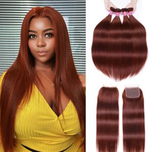Nadula Dark Ginger Straight Hair Bundles with Closure 33B Reddish Brown Lace Closure with 4 Bundles Auburn Human Hair with Closure, Catalog Online Nadula 2406