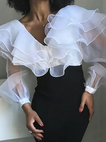 Elegant Plain Folds V Neck Blouse, Blouses and Shirts, color:White|size:XXL, Stylewe