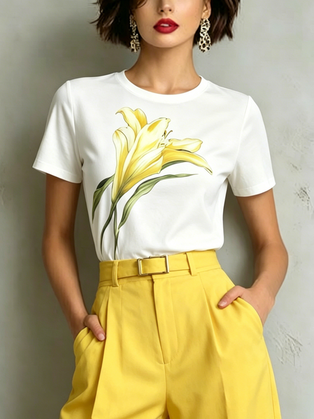 Urban Floral Printing  T-shirt, Tees, color:Yellow|size:XXL, Stylewe