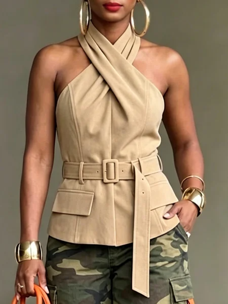 Plus Size Urban Plain Cross Halter Neck Blouse, Plus Tops, color:Khaki|size:4X, Stylewe