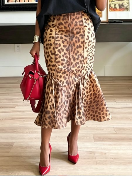 Urban Gathered Leopard Midi Skirt, Skirts, color:Brown|size:XXL, Stylewe