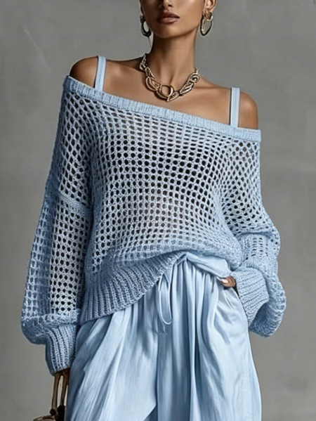 Casual Plain Hollow Out Cold Shoulder Knit Top, Pullovers, color:Blue|size:XXL, Stylewe