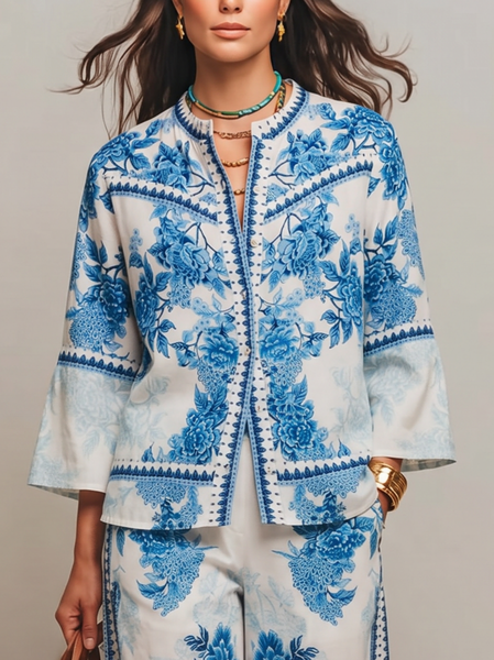 Casual Floral Printing Shirt, Blouses and Shirts, color:Blue|size:XXL, Stylewe