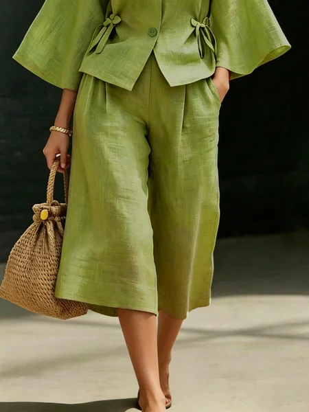 Cotton And Linen Casual Plain Distressing Wide Leg Pants, Pants, color:Green|size:XXL, Stylewe