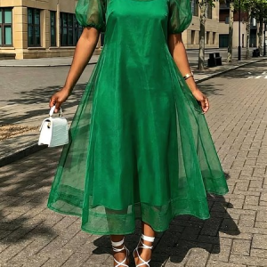 Elegant Puff Sleeve Two-Piece Midi Dress, Midi Dresses, color:Green|size:XXL, Stylewe