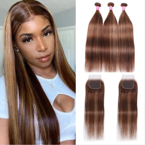 Nadula Straight Human Hair Bundles With Closure Piano Honey Blond Highlight Brown Color 3 Bundles with Lace Closure, Catalog Online Nadula 2479