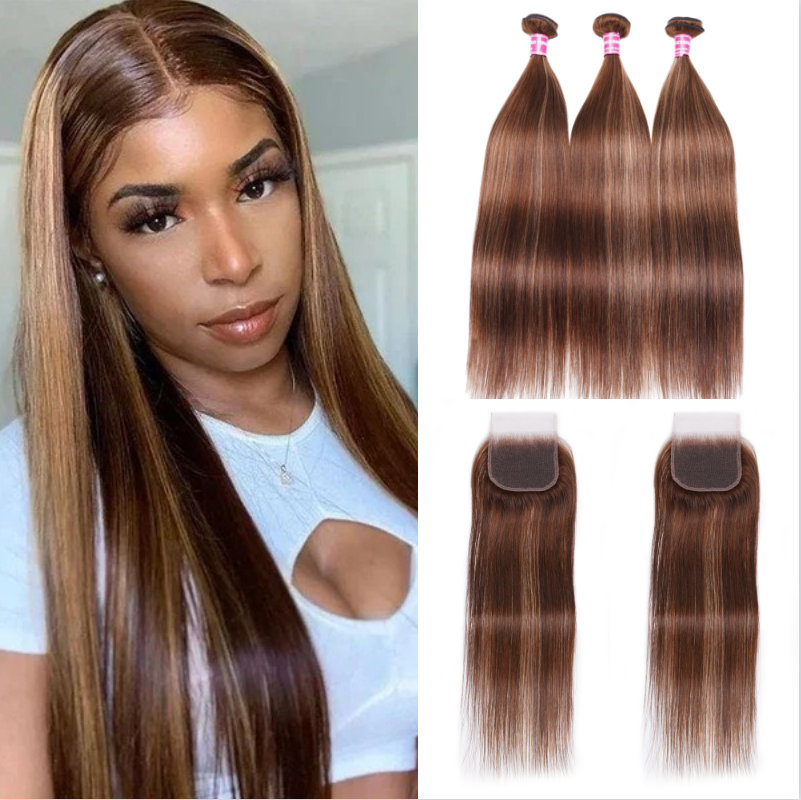 Nadula Straight Human Hair Bundles With Closure Piano Honey Blond Highlight Brown Color 3 Bundles with Lace Closure, Catalog Online Nadula 2479