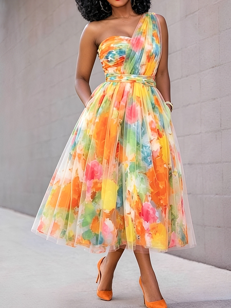 Elegant Floral Irregular Craftsmanship One Shoulder Midi Dress, Midi Dresses, color:As Picture|size:XXL, Stylewe