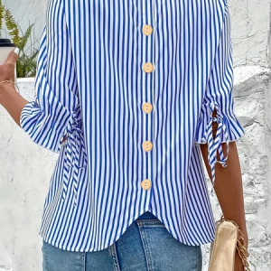 Women Striped Half Sleeve Shirt Summer Crew Neck Daily Vintage Top, JustFashionNow Shirts, color:Blue|size:5XL