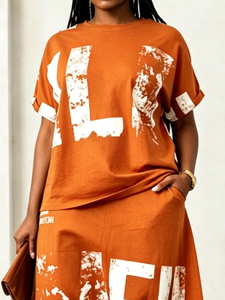 Casual Letter Print Tailored Short Sleeve Tee, Tees, color:Orange|size:XXL, Stylewe