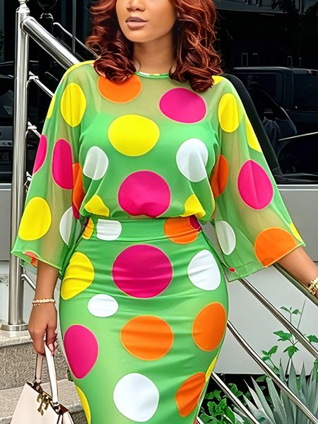 Elegant Polka Dots Printing Crew Neck Blouse, Blouses and Shirts, color:Green|size:XXL, Stylewe