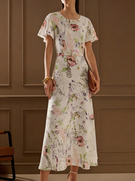 Ruffle Sleeve Floral Urban Dress With Belt, Midi Dresses, color:Red|size:XL, Stylewe