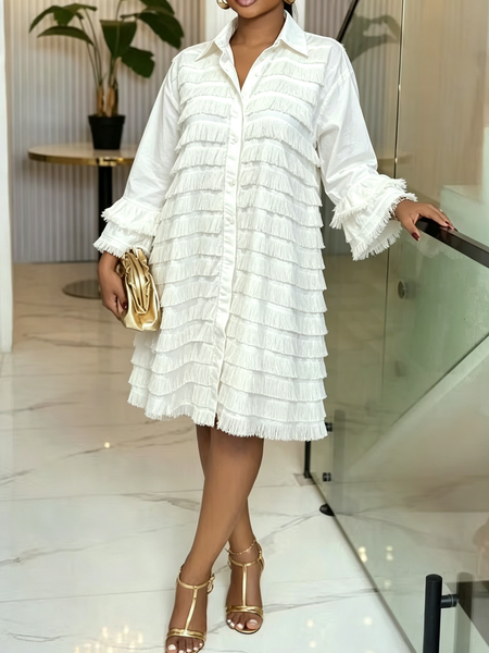 Urban Plain Shirt Collar Midi Dress, Midi Dresses, color:White|size:XXL, Stylewe