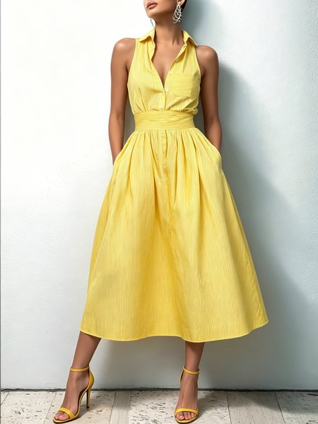 Cotton Urban Striped Printing Shirt Collar Midi Dress, Maxi Dresses, color:Yellow|size:XXL, Stylewe
