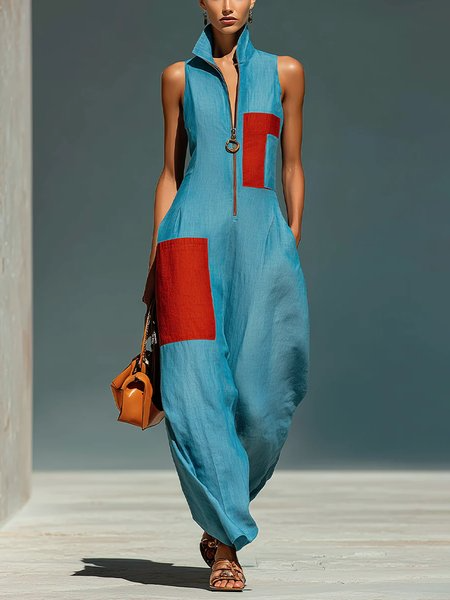 Cotton And Linen Casual Split Joint Color Block Shawl Collar Jumpsuit, Jumpsuits, color:Blue|size:XXL, Stylewe